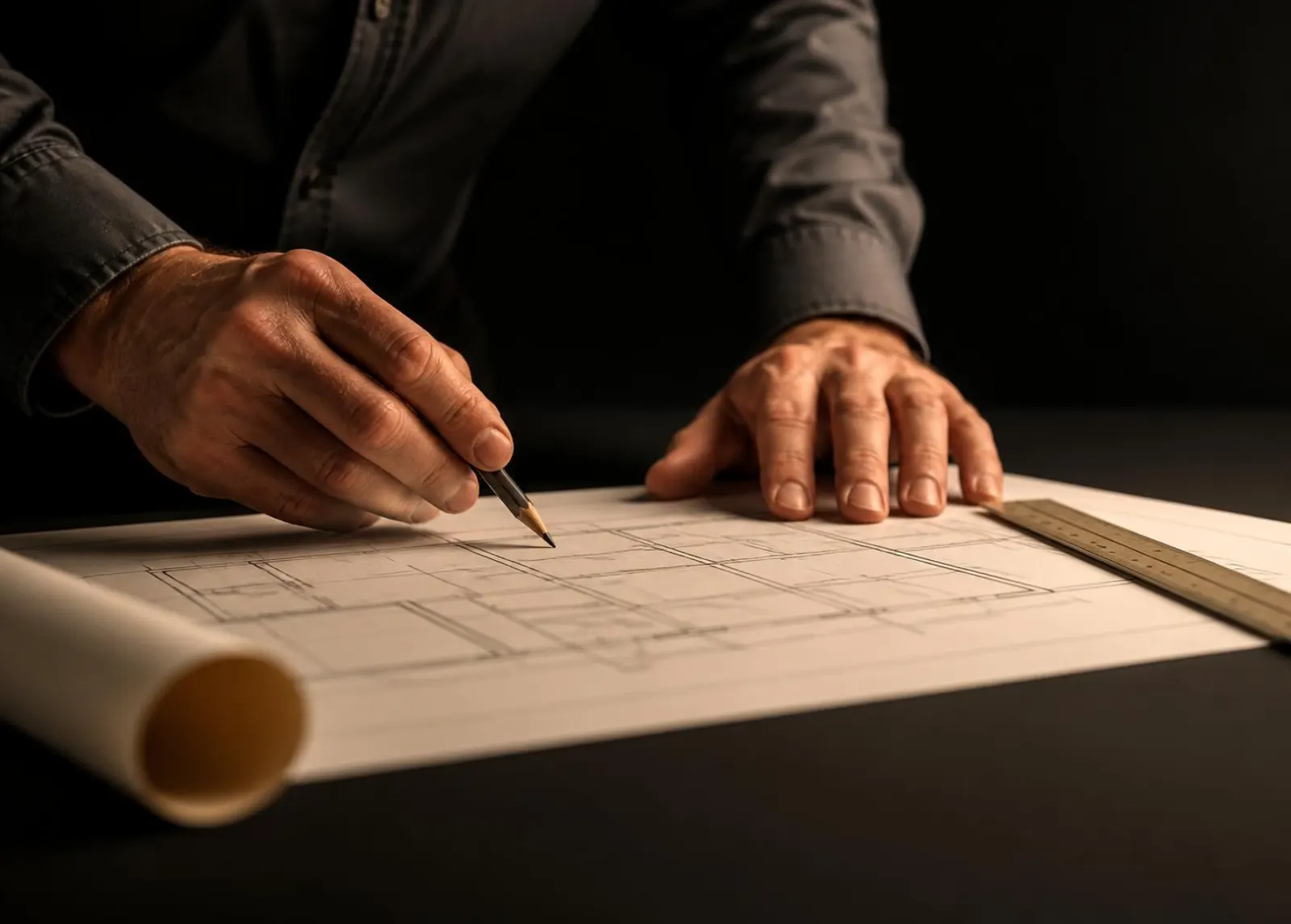 Engenheiro detalhando planta arquitetônica sobre a mesa de projetos