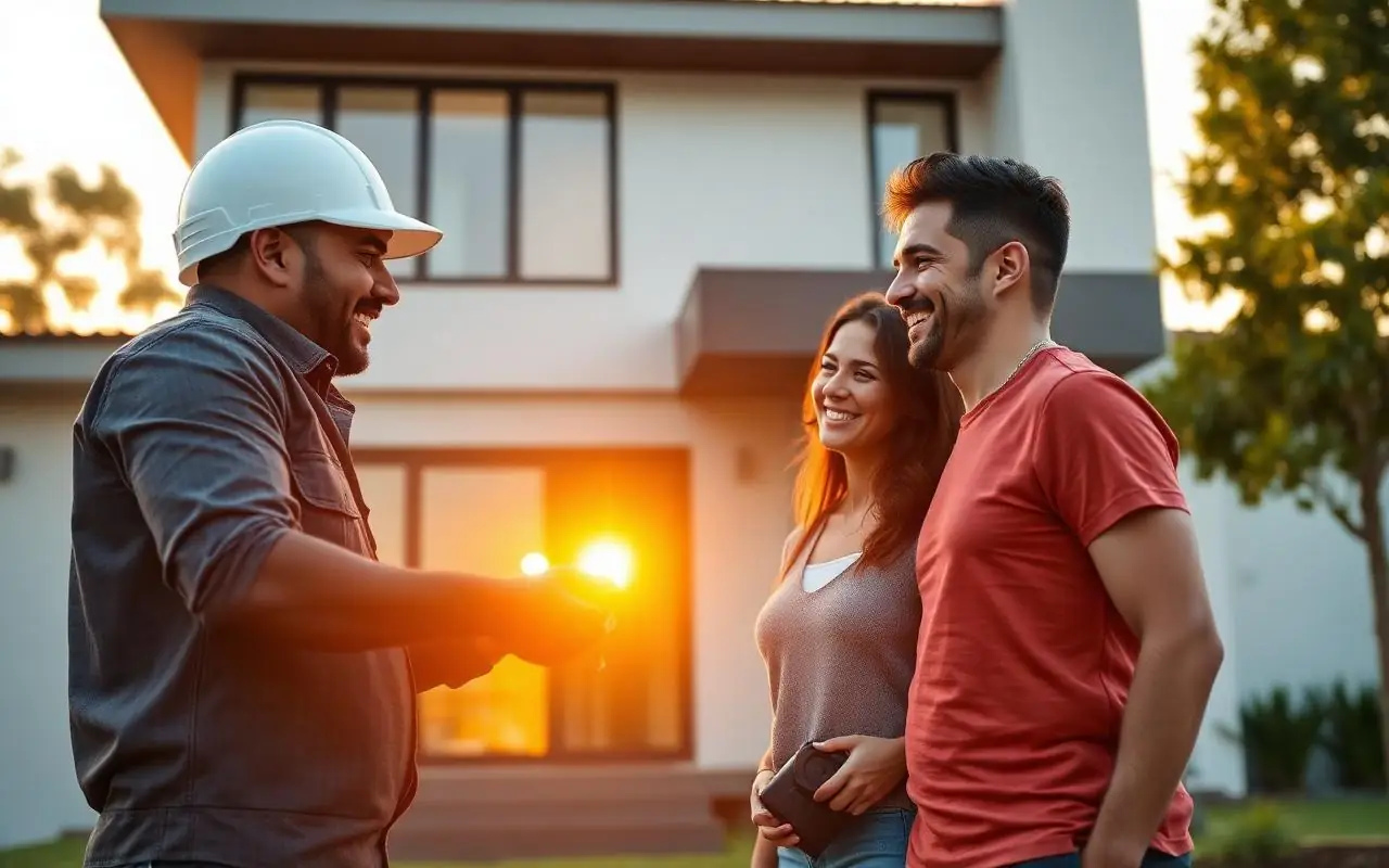 Engenheiro entregando as chaves de uma casa nova a um casal de clientes